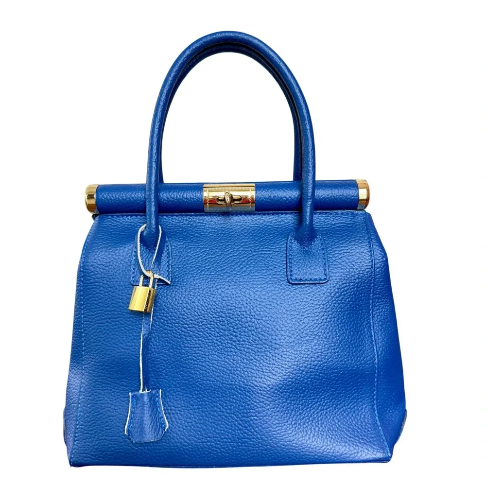 Italian Leather Satchel Quiet Luxury Y2K Cobalt‎ Blue Top Handle Crossbody Bag